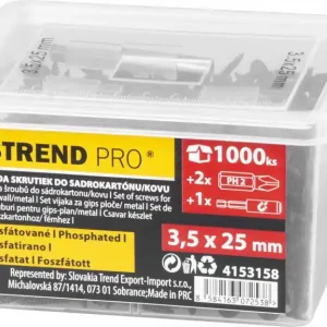 Cel mai vândut Set șuruburi Strend Pro, pentru gips carton/metal, 3,5x25 mm, cu 2x biți și suport magnetic, 1000 buc.