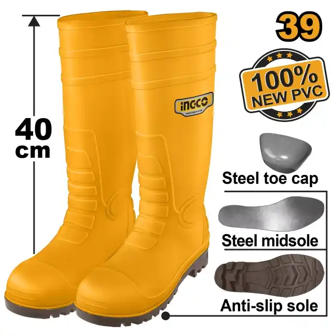 Cizme Cauciuc Galbene cu Varf Talpa Metalica 43 INGCO SSH092S1P.43 – Protectie avansata in medii umede si solicitante Lichidare de stoc