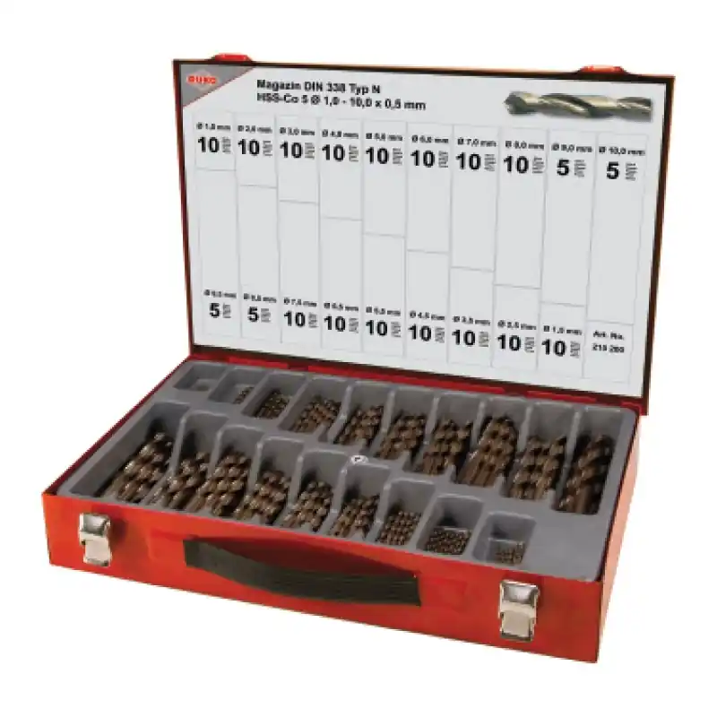 Popular Set de 170 burghie spirale, DIN 338, tip VA, HSSE-Co 5, cutie din otel, RUKO