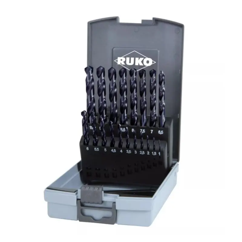 Preț promoțional Set de 19 burghie elicoidale DIN 338 tip VA, HSSE-Co 5 TiAlN, cutie din plastic, RUKO