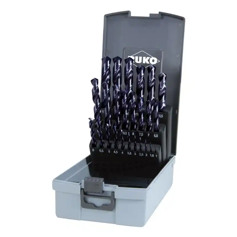 Promoție Set de 25 burghie elicoidale DIN 338 tip VA, HSSE-Co 5 TiAlN, cutie din plastic, RUKO