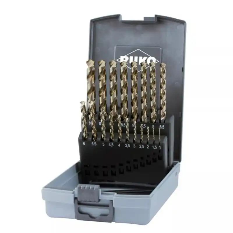 Set de 19 burghie spirale, DIN 338, tip UNI, HSSE-Co5 TiAlN, cutie din plastic, RUKO Bestseller