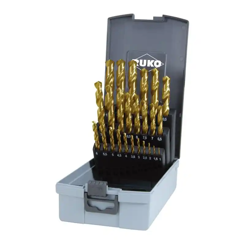 Set de 25 burghie elicoidale, DIN 338, tip N, HSS-G TiN, cutie din plastic, RUKO Cumpărături sigure