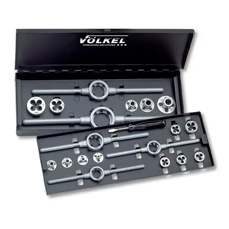 Set de filiere forma B, HSS, directie filetare stanga, set 7 + 5 piese, ISO DIN 13, DIN 223, Volkel Reducere