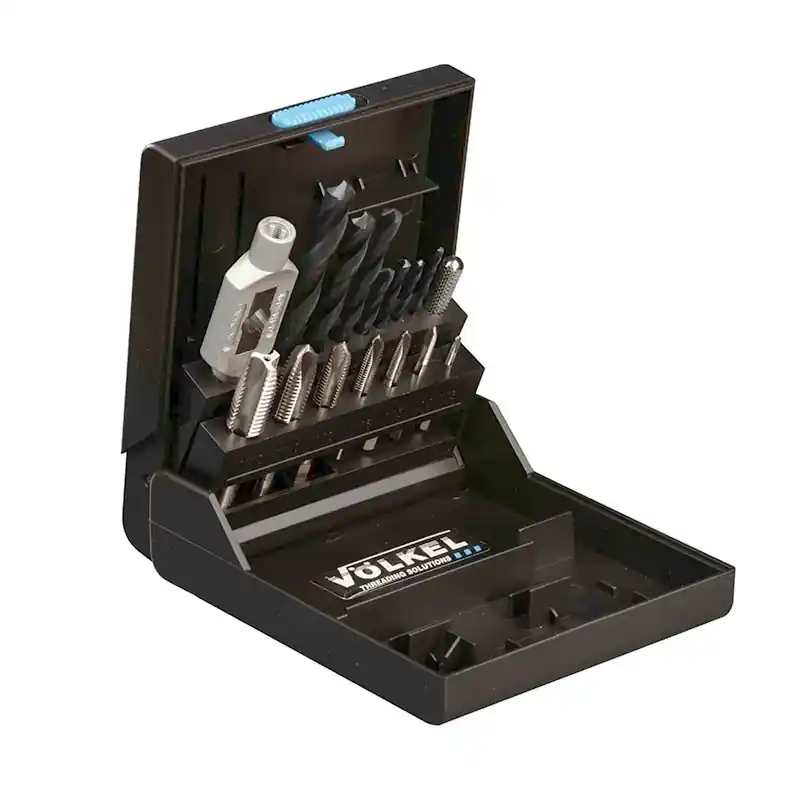 Trusa pentru filetare cu tarozi de masina, universali, forma "B", HSS-E, tarozi DIN 352, gaurire strapunsa, set 15 piese, Volkel Premium