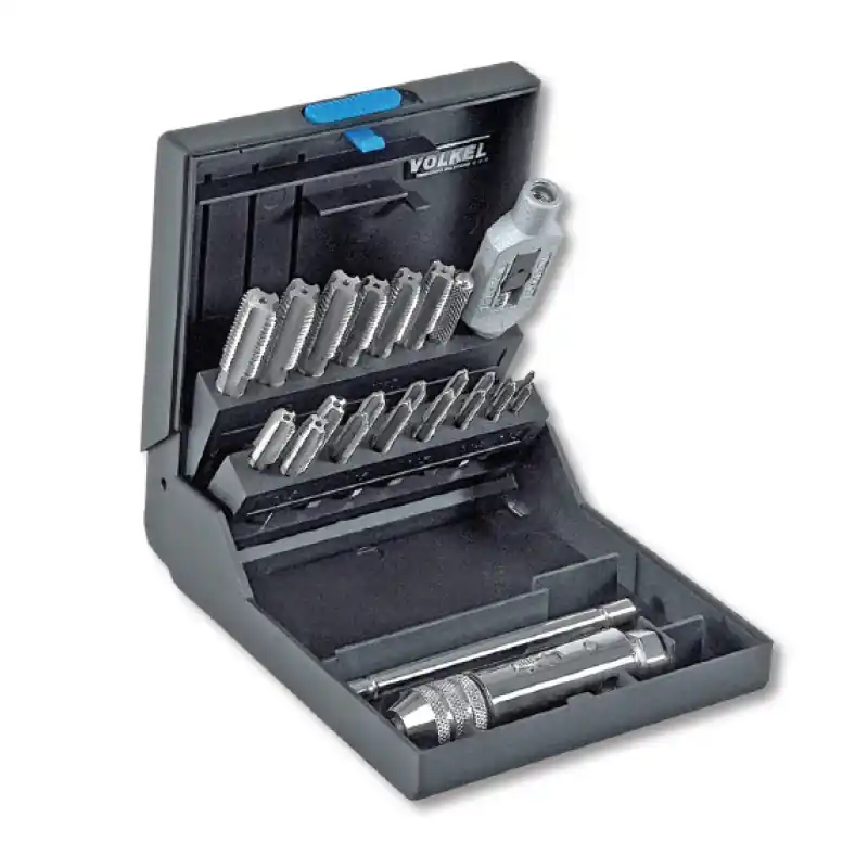 Livrare gratuită Trusa pentru filetare cu tarozi de mana, HSS-E pentru gauri strapunse si infuindate, tarozi DIN 352, set 22 piese, Volkel
