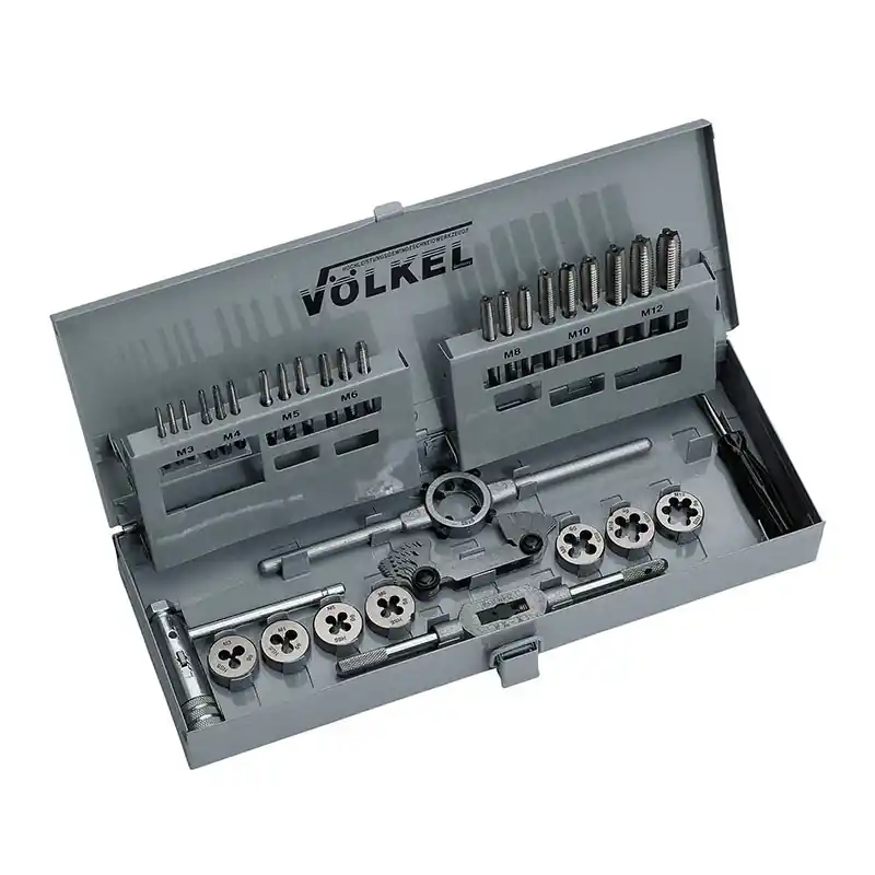 Cumpără online Trusa filetare cu tarozi de mana si filiere, 31 piese, HSS-G, metric, filetare dreapta, gaurire strapunsa si infundata, Volkel