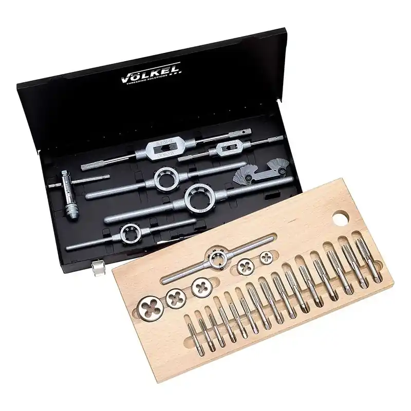 Trusa filetare cu tarozi de mana si filiere, filet metric, HSS-G, 55 piese, pentru gauri strapunse si infundate, Volkel Livrare gratuită