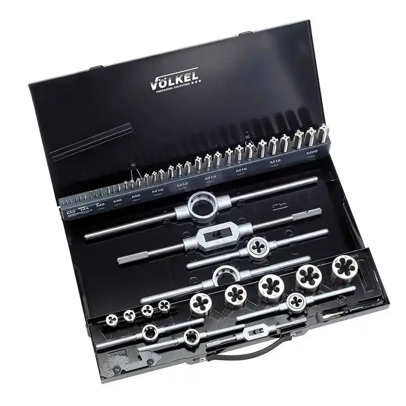 Preț redus Trusa filetare cu tarozi de mana si filiere, HSS-G, 52 piese, filet pe stanga, gaurire strapunsa si infundata, Volkel