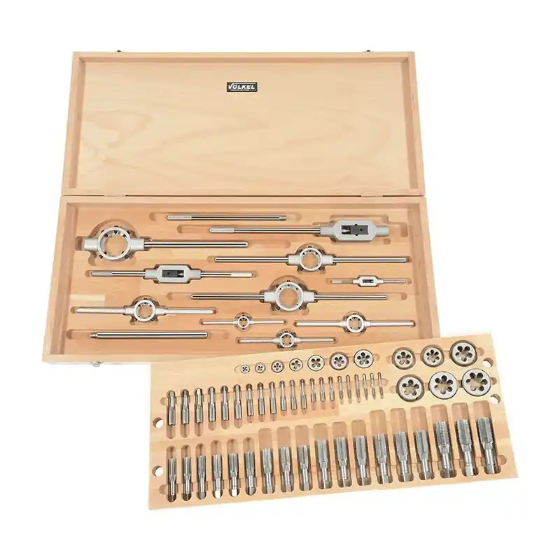 Trusa filetare cu tarozi de mana si filiere, HSS-G, filet UNC pe dreapta, 62 piese, gaurire strapunsa si infundata, Volkel Plată sigură