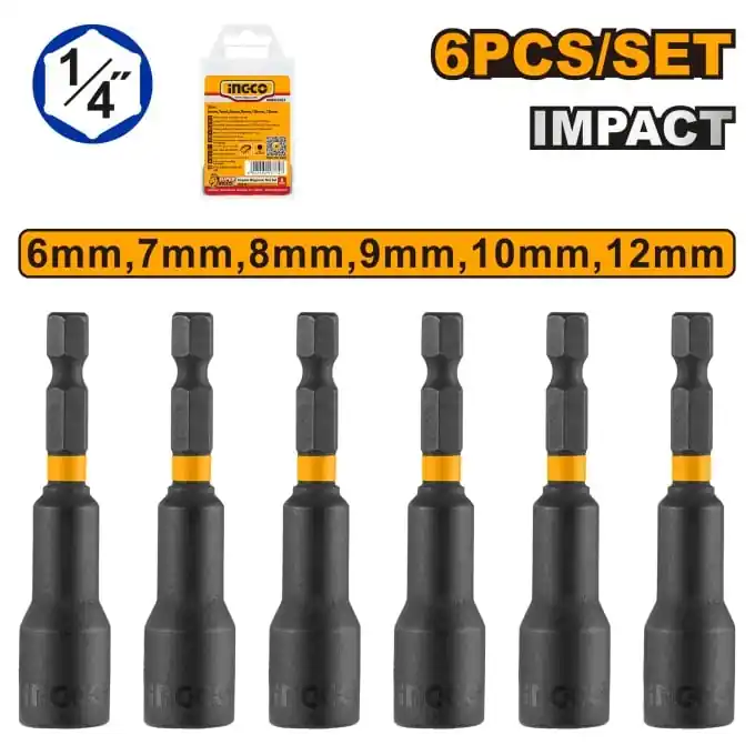 Cheie Bit Magnetica 6-12mm, tubulara hex 1/4 set de 6 bucati, Ingco AMN65061 Cumpără online
