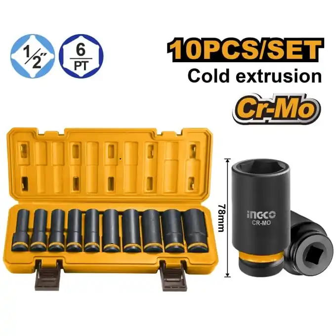 Trusa Chei Tubulare Lungi IMPACT 1/2 10 buc, 10-24mm, Ingco HKISSD12102L Transport gratuit