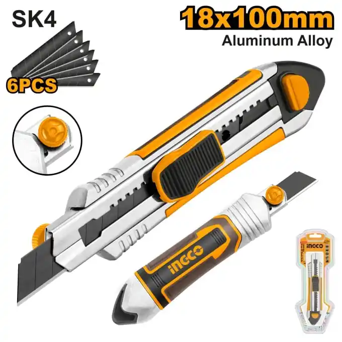 Cumpărături sigure Cutter Aluminiu cu Maner Cauciucat 6 Rezerve INGCO HKNS1808