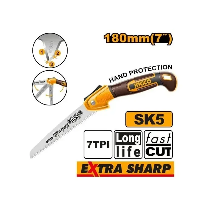 Ofertă specială Fierastrau pliabil 180mm, 7TPI, dinti triplu slefuiti, otel SK5, INGCO HFSW1806