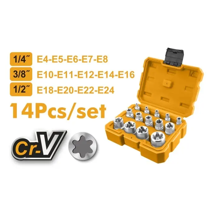 Trusă Chei Tubulare Stea CR‑V 14 bucăți – INGCO HKTETS0114 Lichidare de stoc