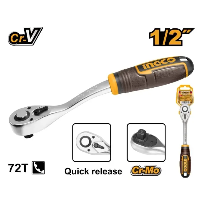 Cheie cu Clichet Tubulare 1/2, 72T, 260mm, Cr-V Industrial, maner pvc Ingco HRTH8412 Retur ușor