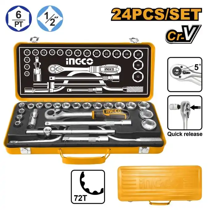 Trusa Chei Tubulare 1/2 24 bucati Cutie Metal 10-32 mm, Ingco HKTS0243 Bestseller