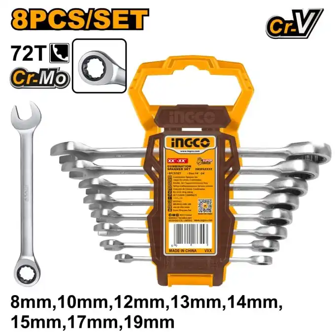 Set Trusa Chei Combinate cu Clichet 8-19mm 8 buc, Ingco HKSPAR1082 Disponibil imediat