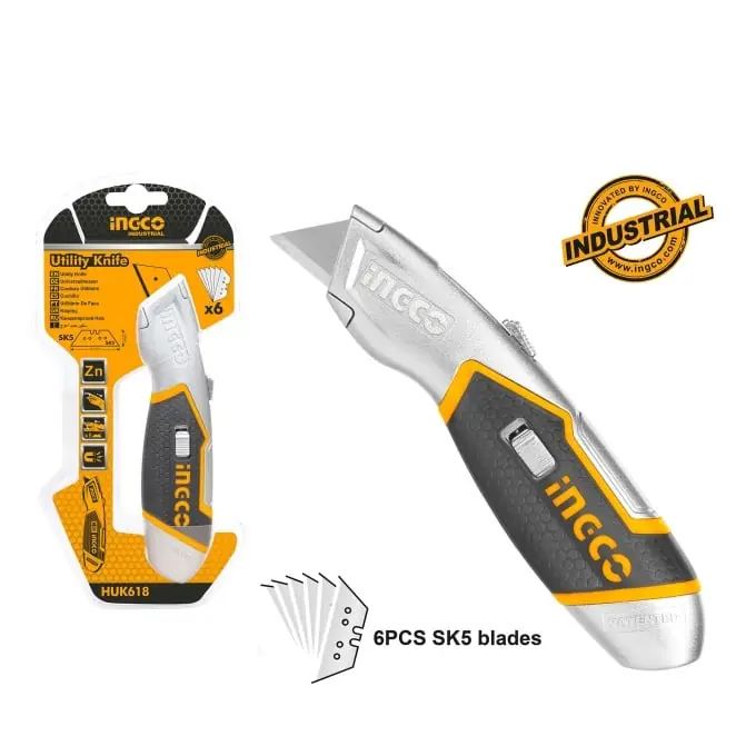 Cutter Metal tip Briceag cu Maner Cauciuc 5 Rezerve INGCO HUK618 Plată securizată