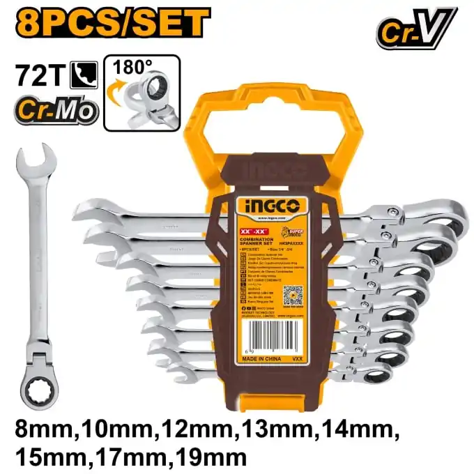 Premium Set Trusa Chei Combinate cu Clichet cu Cap Flexibil 8-19mm 8 buc, Ingco HKSPAR1083