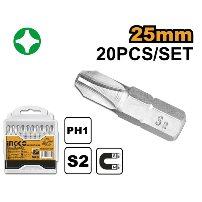 Reducere extra Set Biti PH1 Scurti 25mm, Otel S2, 20 Buc, INGCO SDB11PH113 - SDB11PH113