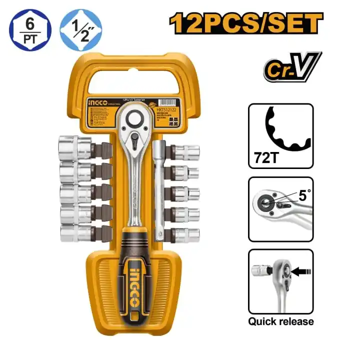 Cumpără acum Set Chei Tubulare Clichet 1/2” 12 Piese INGCO HKTS12122 – Echipament Profesional pentru Mecanici si Ateliere