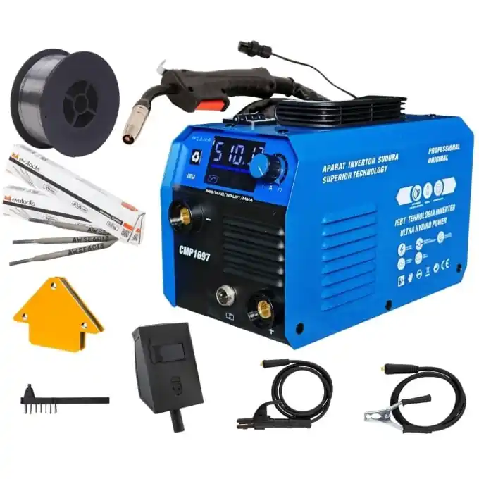 *SUPER PACHET* Aparat de sudura tip Invertor cu sarma 495A, + x2 pachet electrozi 1kg, x1 sarma sudura 1kg, magnet sudura, MMA/MIG/MAG afisaj digital, ventilat, URAL MASH IGBT TEHNOLOGY ULTRA HYBRID POWER, CMP1697 Livrare rapidă