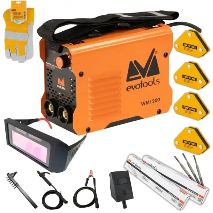 *PACHET* Aparat de Sudura Tip Invertor WMI 200, anti-stick, 2.8kg, 2.5-3.2mm, + x2 pachet electrozi + ochelari sudura automati, manusi palmare din piele, set 4 magneti Cel mai vândut