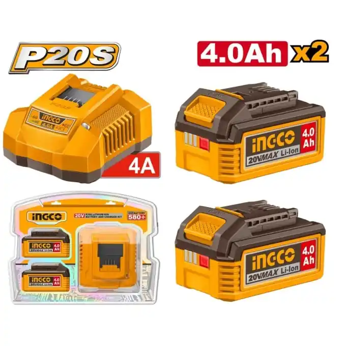 Disponibil imediat Set 2 Baterii 20V 4Ah + Incarcator Rapid INGCO – FBCPK2013E, Li-Ion, 4A, compatibil platforma P20S, cu LED indicator, autonomie extinsa