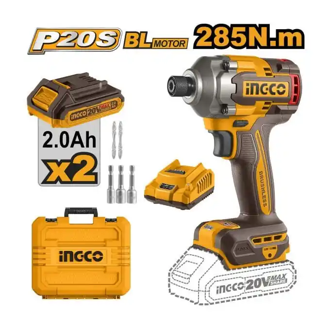 Masina de insurubat cheie cu impact 285nM, 1/4, 20v cu 2 acumulator 2900bpm, brushless Ingco CIRLI2028E Livrare rapidă