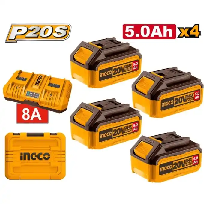 Set baterii 20V 5.0Ah (4 buc) cu incarcator dublu 4A+4A, pentru scule P20S, acumulator INGCO FBCLI20285 Cel mai bun preț