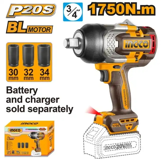 Ofertă Filetanta cu Impact 20V 3/4" 1750Nm Brushless, cu 3 Tubulare, INGCO CIWLI201751