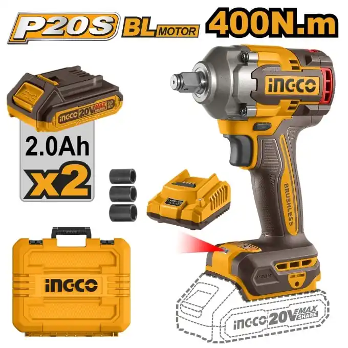 Masina de insurubat Pistol cu Impact 400nM, 20V 1/2, cu 2 Acumulatori Ingco CIWLI2040E Livrare rapidă
