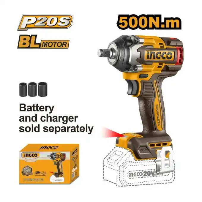 Disponibil imediat Masina de insurubat Pistol cu impact 500Nm, 1/2'', 2900bpm, 20v, brushless fara acumulator Ingco CIWLI20501