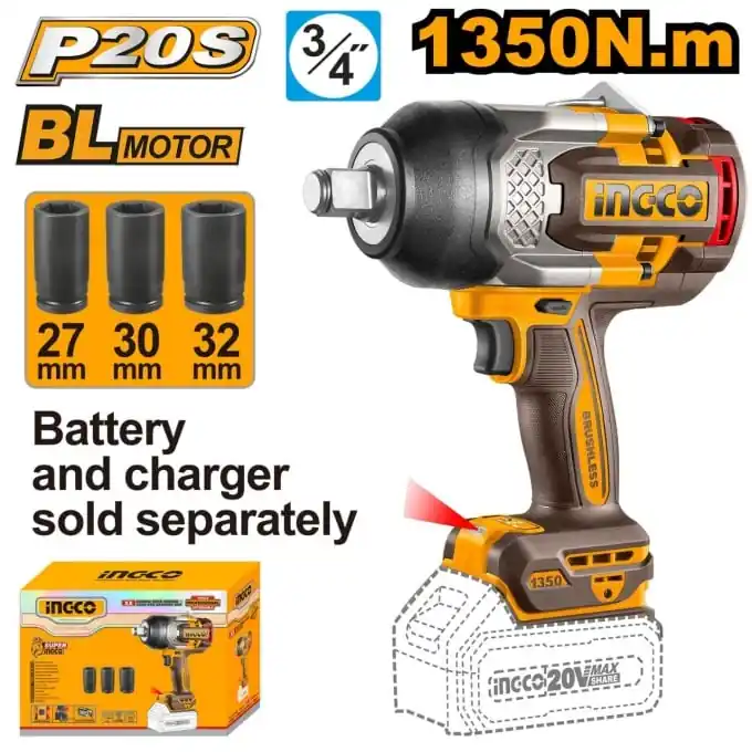 Doar azi Masina de insurubat Pistol cu impact 1900nM, 2200rom, 20V, fara acumulator P20S, Ingco CIWLI201351