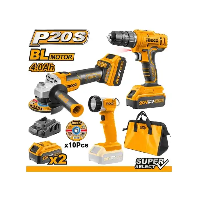 Pachet Bormasina, Polizor Ungiular, Lanterna cu 2 acumulatori 4Ah, Ingco CKLI2048 Cel mai bun preț