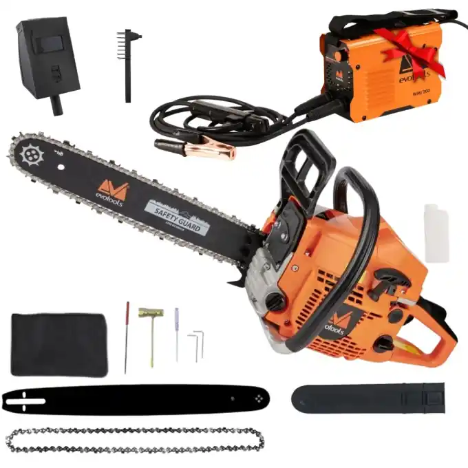 Premium *PACHET* Drujba Benzina 54.5cc 10.500 rpm, + CADOU Invertor de sudura WMI 200, anti-stick, 2.8kg, 2.5-3.2mm, Evotools