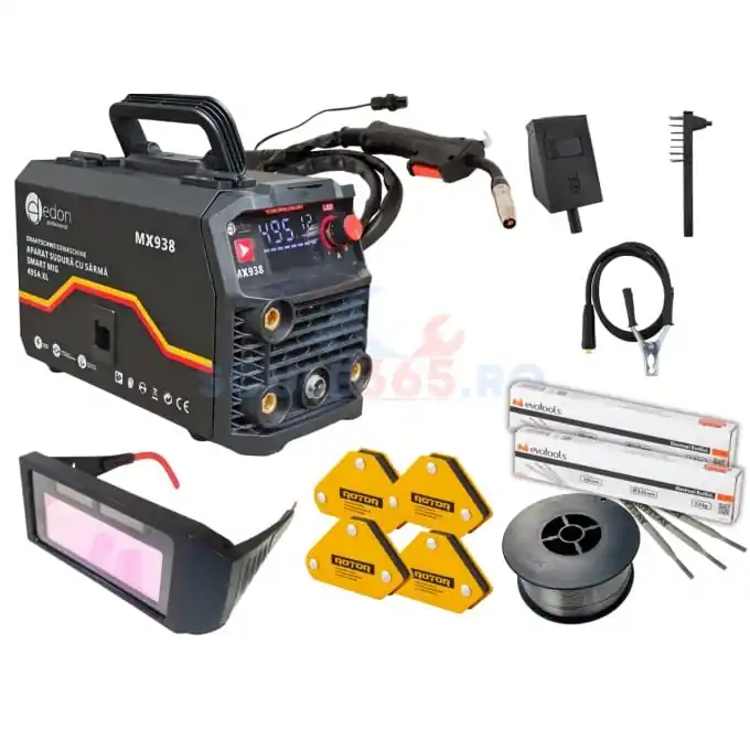 495A *PACHET* Aparat de sudura cu sarma tip invertor 495A, MMA/MIG/FCAW/TIG, + Ochelari automati + Sarma sudura flux + x2 pachete elctrozi + x4 suport magnetic sudura EDON MX938, profesional Premium