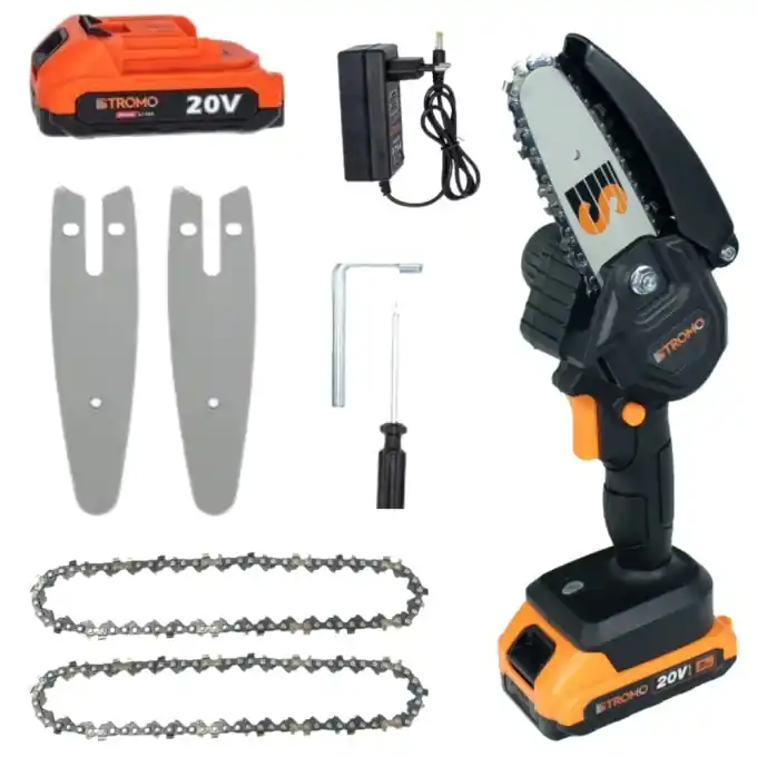 Ofertă de sezon Mini Drujba Electrica cu x2 lame, x2 lanturi, pe acumulator 4000rpm, 100mm (4inch), 20V STROMO AAS20