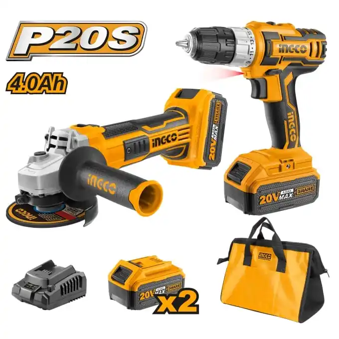 Pachet Bormasina + flex polizor ungiular cu 2 Acumulatori 4Ah, 20 V, Ingco CKLI2009 Ofertă specială