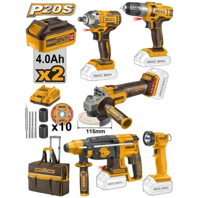 Ofertă de sezon Set Kit de Scule electrice cu 2 acumulatori, flex, bormasina, rotopercutor, cheie impact, lanterna Ingco CKLI2019