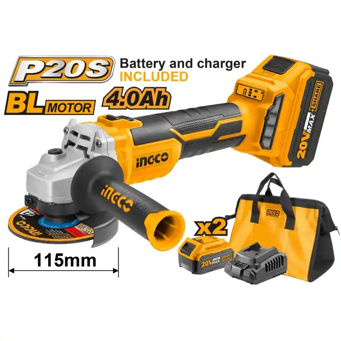 Premium Flex Polizor Unghiular 115 mm, 20V brushless cu 2 Acumulatori 4Ah Incarcator + Geanta Ingco CAGLI11522