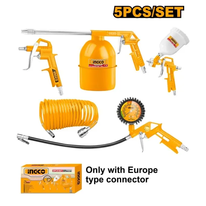 Retur ușor Set 5 unelte pneumatice: furtun, pistol de vopsit, spalat si suflat, Ingco AKT0053