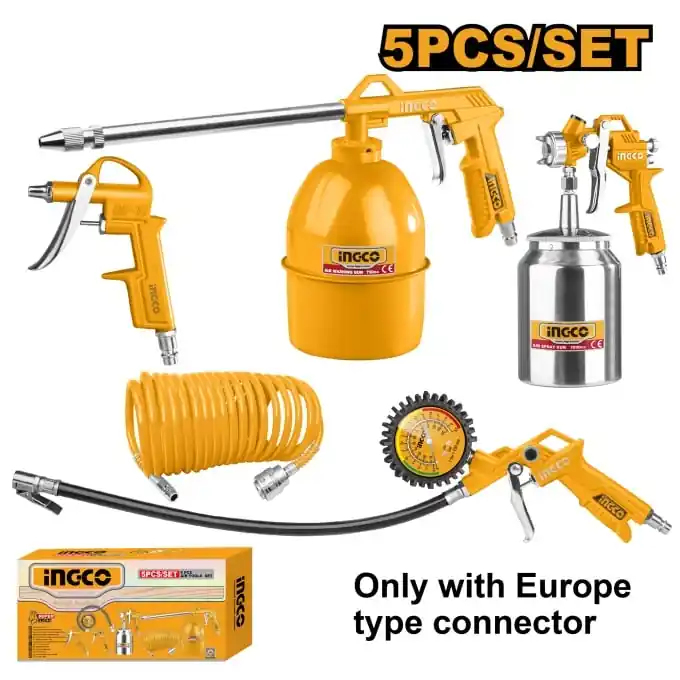 Set 5 unelte pneumatica Trusa Pistol de vopsit cu vas jos, spalat, suflat Ingco AKT0051 Nu rata