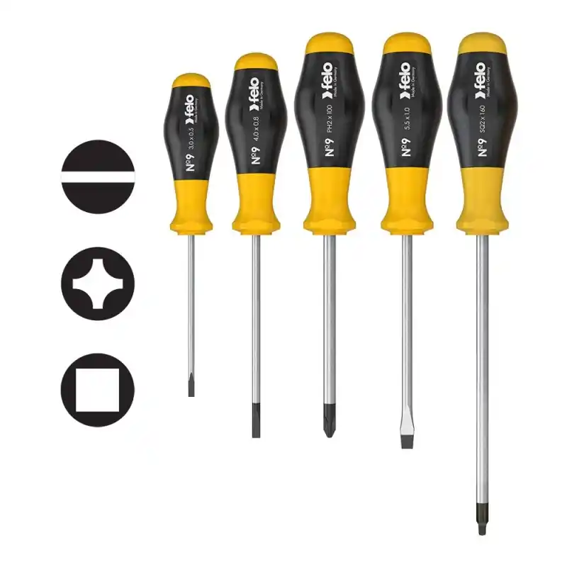Plată securizată Seturi de surubelnite No9 lama cu profil circular - seria 900, 5 piese, 3x Slot, 1x Phillips, 1x Patrat, Felo