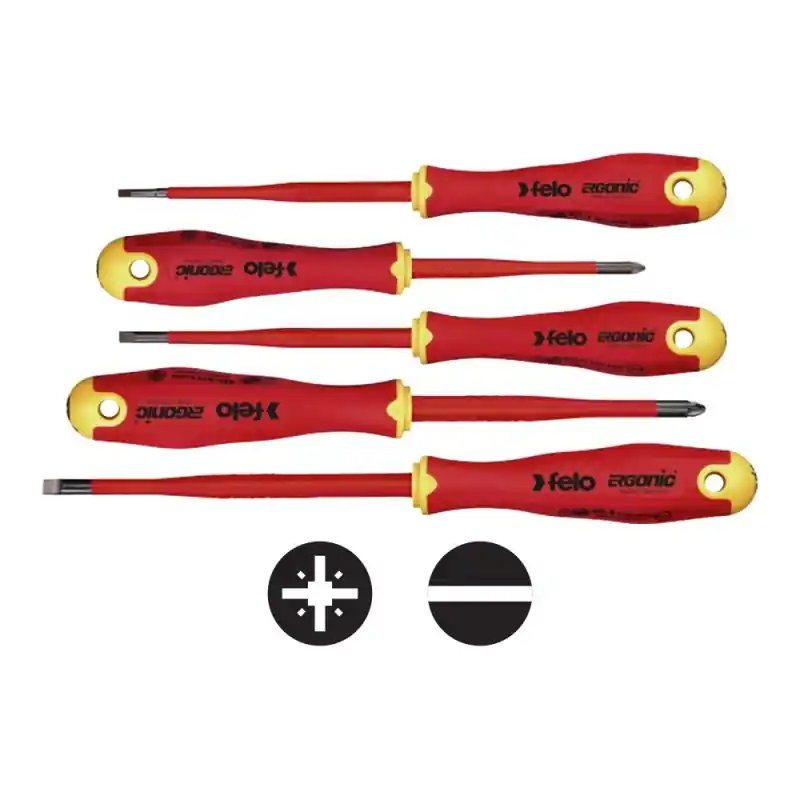 Ofertă limitată Seturi de surubelnite Ergonic E-Slim VDE, 5 piese, 3x Slot,2x Pozidriv, Felo