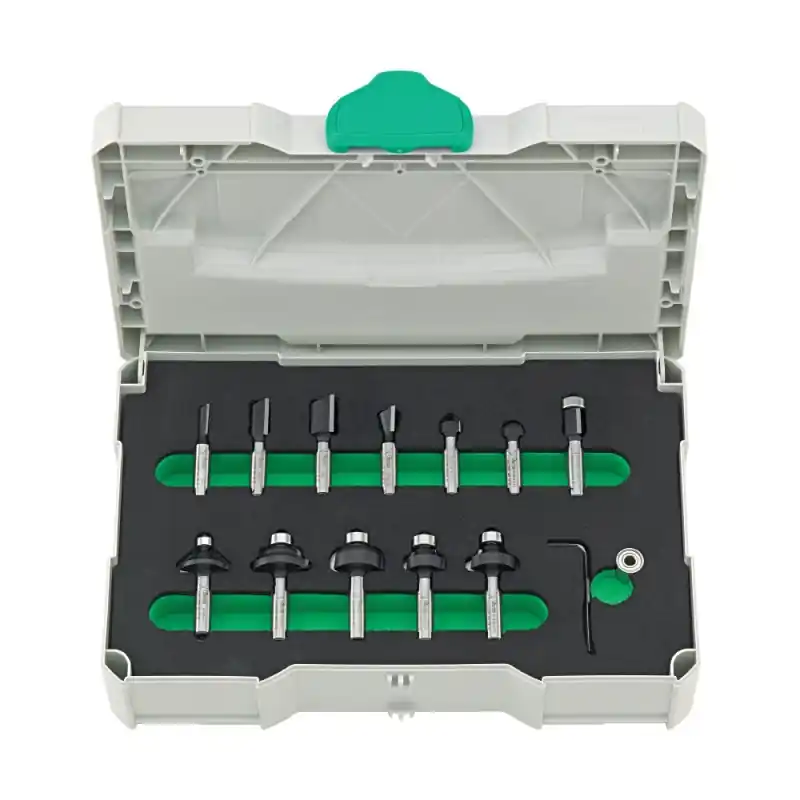 Retur ușor Set de 12 freze combinate, în cutie din plastic, 2 taisuri din carbura, coada Ø 8mm, Format