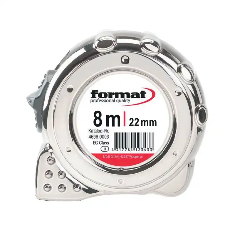 Plată sigură Ruleta de buzunar cu carcasa cromata si banda din otel laminat, lungime banda 8 m, latime banda 25 mm, Format