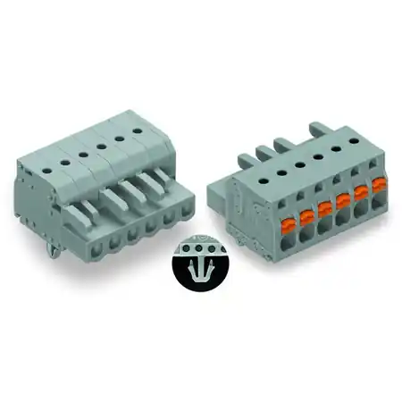 1-conductor female plug; push-button; Snap-in mounting feet; 2.5 mm²; Pin spacing 5 mm; 2-pole; 2,50 mm²; gray Wago Bestseller