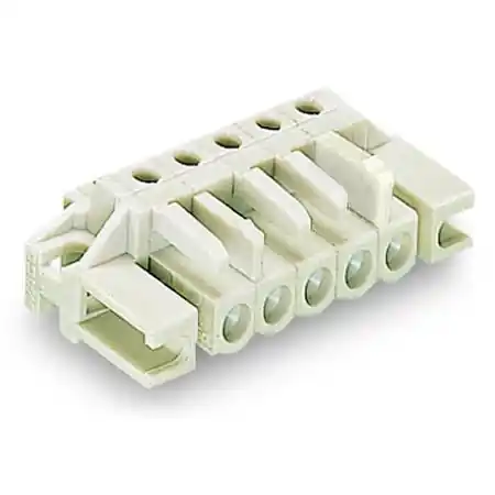 Ultima șansă THT female header; 0.6 x 1.0 mm solder pin; angled; 100% protected against mismating; Spacer flange; Pin spacing 5 mm; 3-pole; light gray Wago